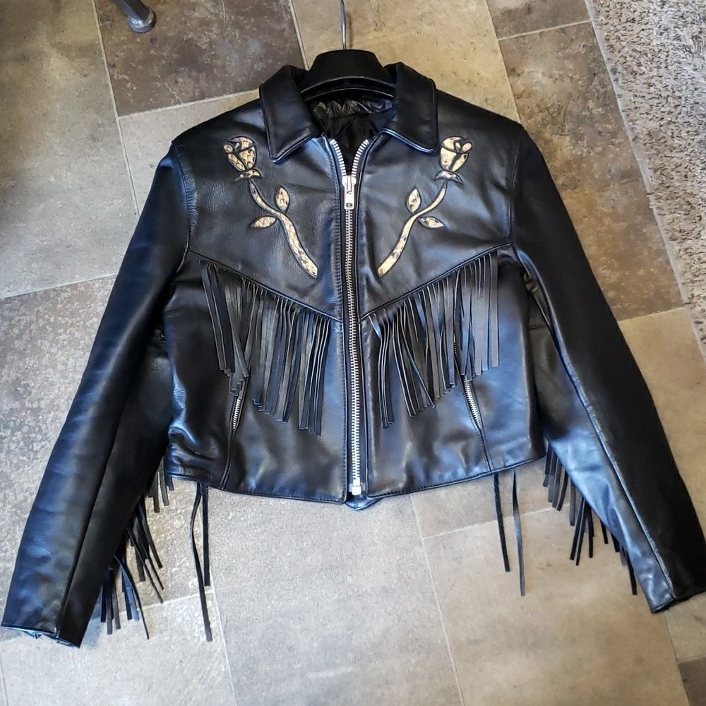 Steer Brand Vtg Leather Jacket with Fringe and Snakeskin Roses Design Sz 12